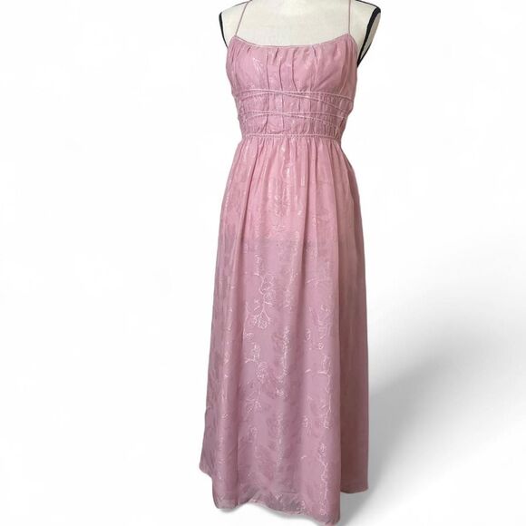 Forever 21 Pink Floral Corset Maxi Dress Glitter Detail Tie Waist Size XL Fairy - Picture 1 of 8